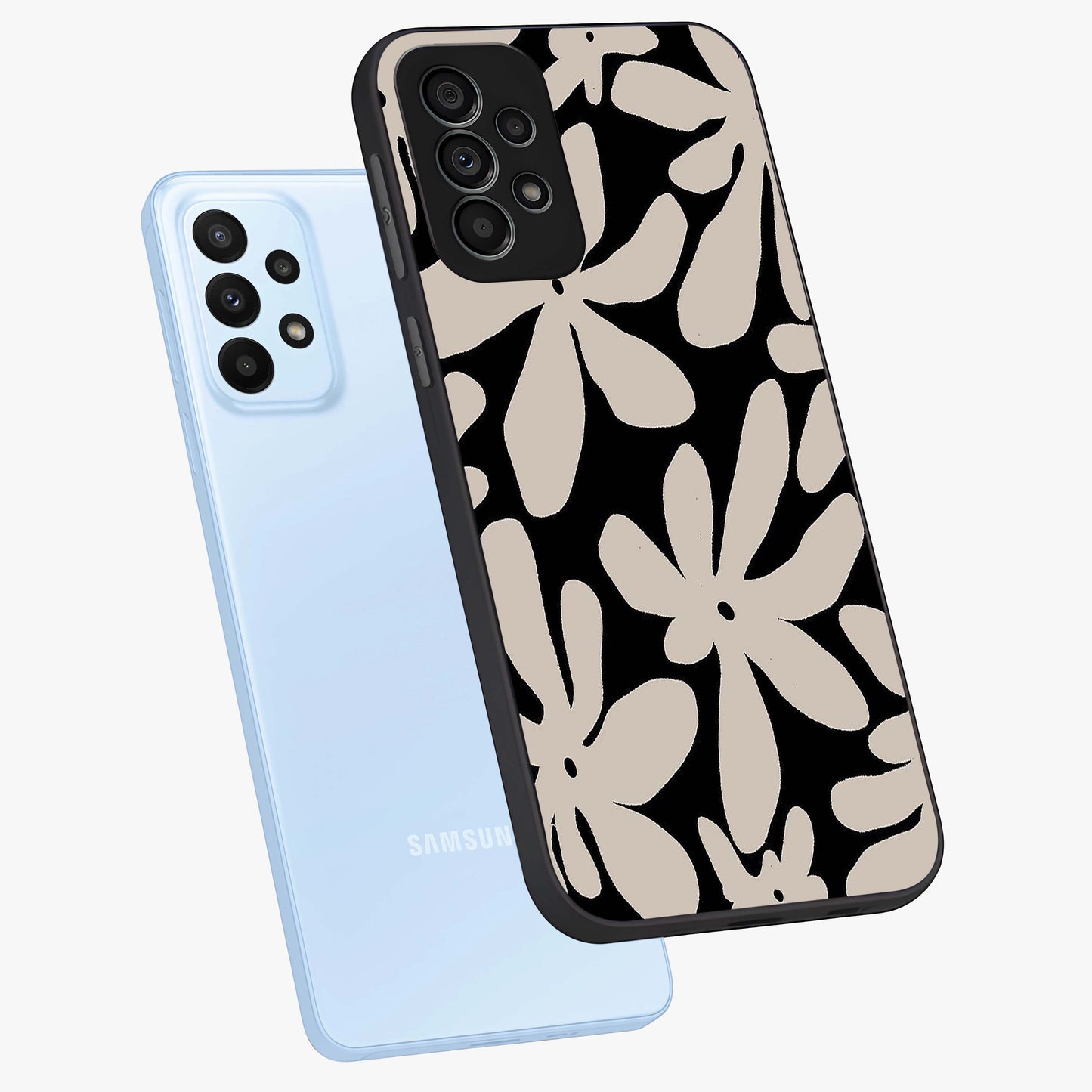 Monochrome Petal Dance Glass Case displayed in angled mockup highlighting elegant petal design with black and white aesthetic.