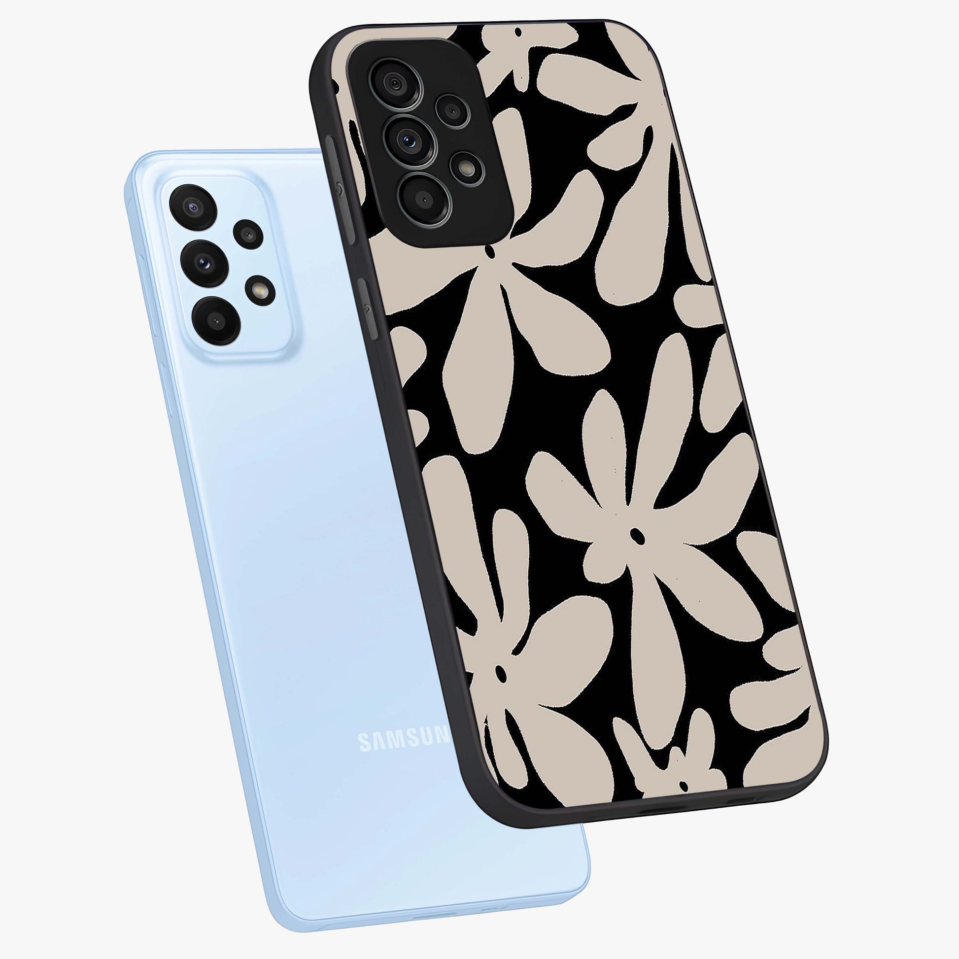 Monochrome Petal Dance Glass Case displayed in angled mockup highlighting elegant petal design with black and white aesthetic.