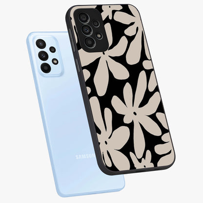 Monochrome Petal Dance Glass Case displayed in angled mockup highlighting elegant petal design with black and white aesthetic.