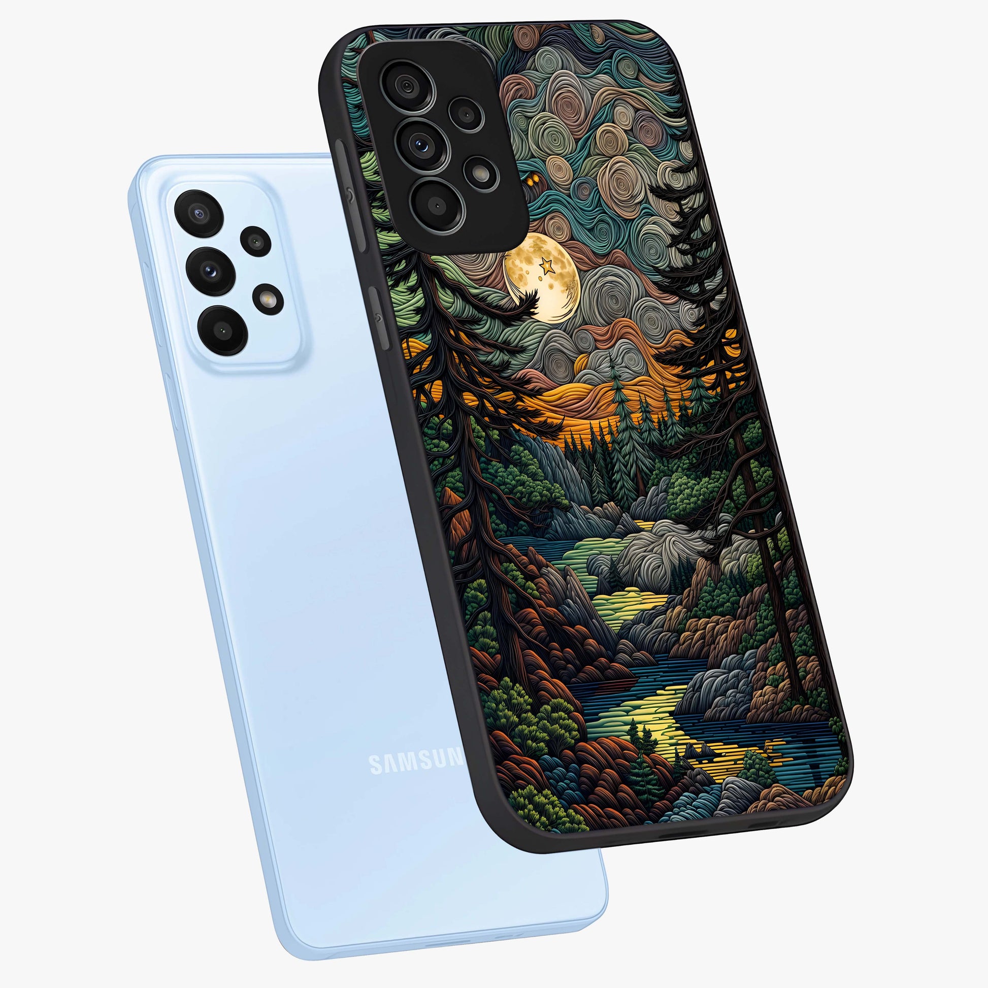 Moonlight Forest Dream Glass Case displayed in angled mockup highlighting dreamy forest design with glowing moon aesthetic.