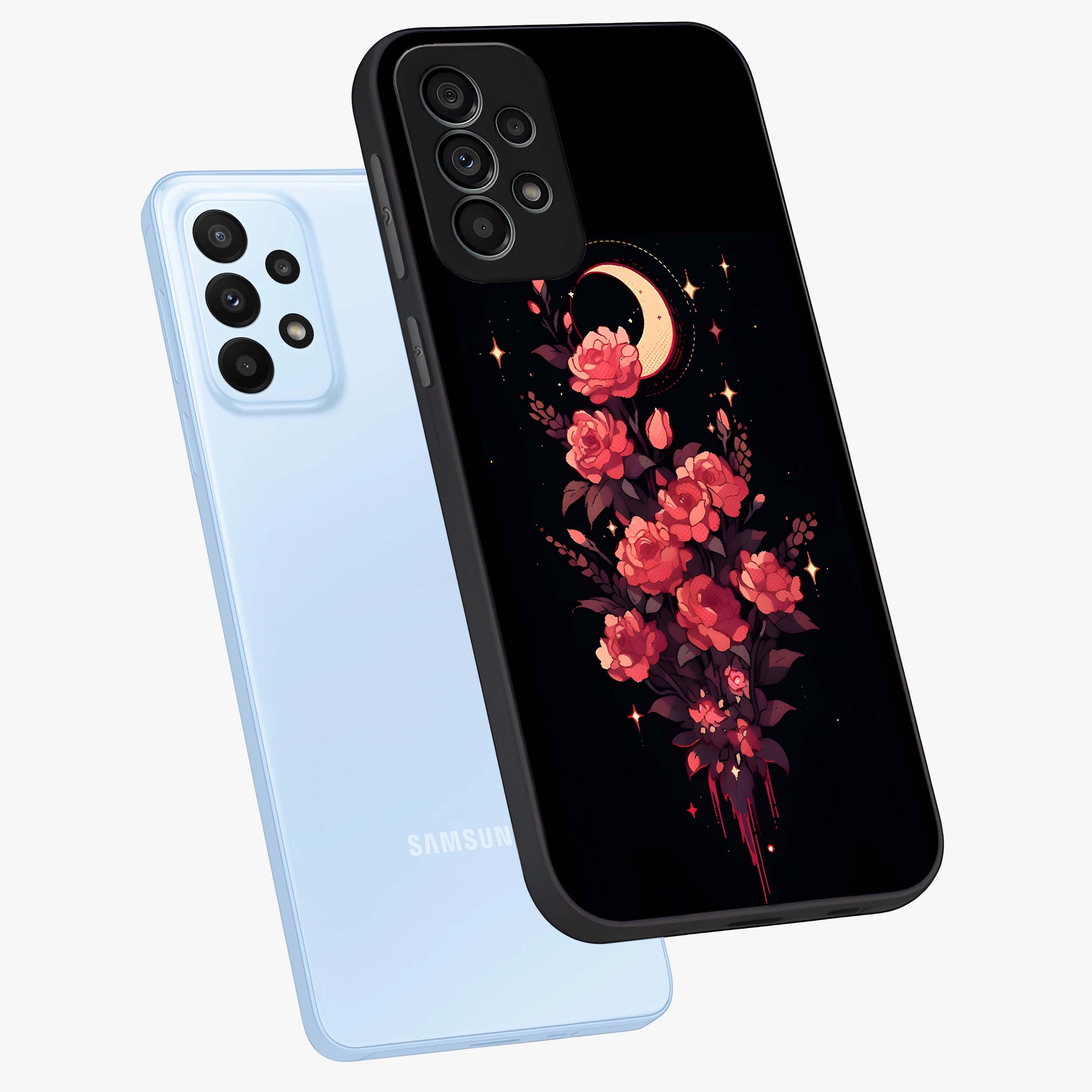 Moonlit Floral Elegance Glass Case displayed in angled mockup highlighting graceful flower design with soft moonlight aesthetic.