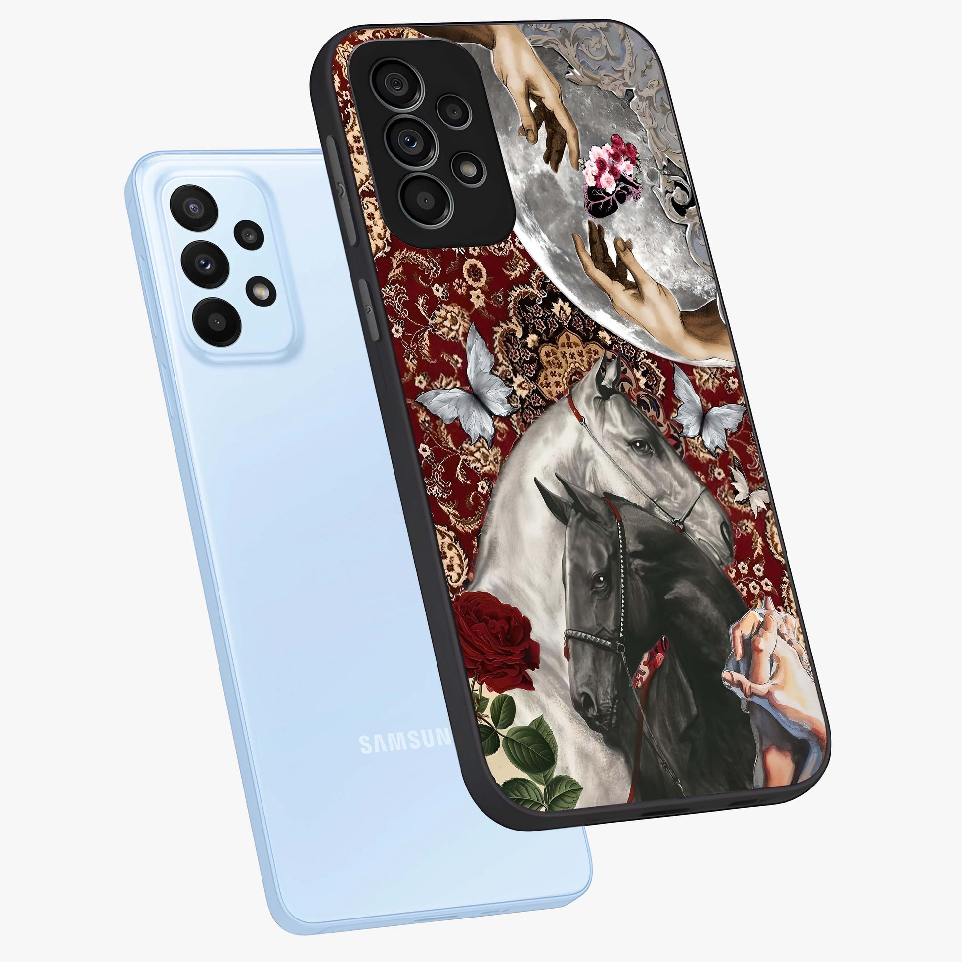 Moonlit Royal Stallion Glass Case displayed in angled mockup highlighting powerful stallion illustration with royal night aesthetic.