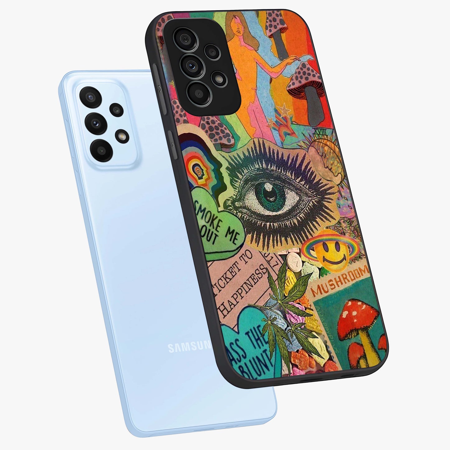 Mystic Eye Wonderland Glass Case displayed in angled mockup highlighting magical eye illustration with dreamy aesthetic.