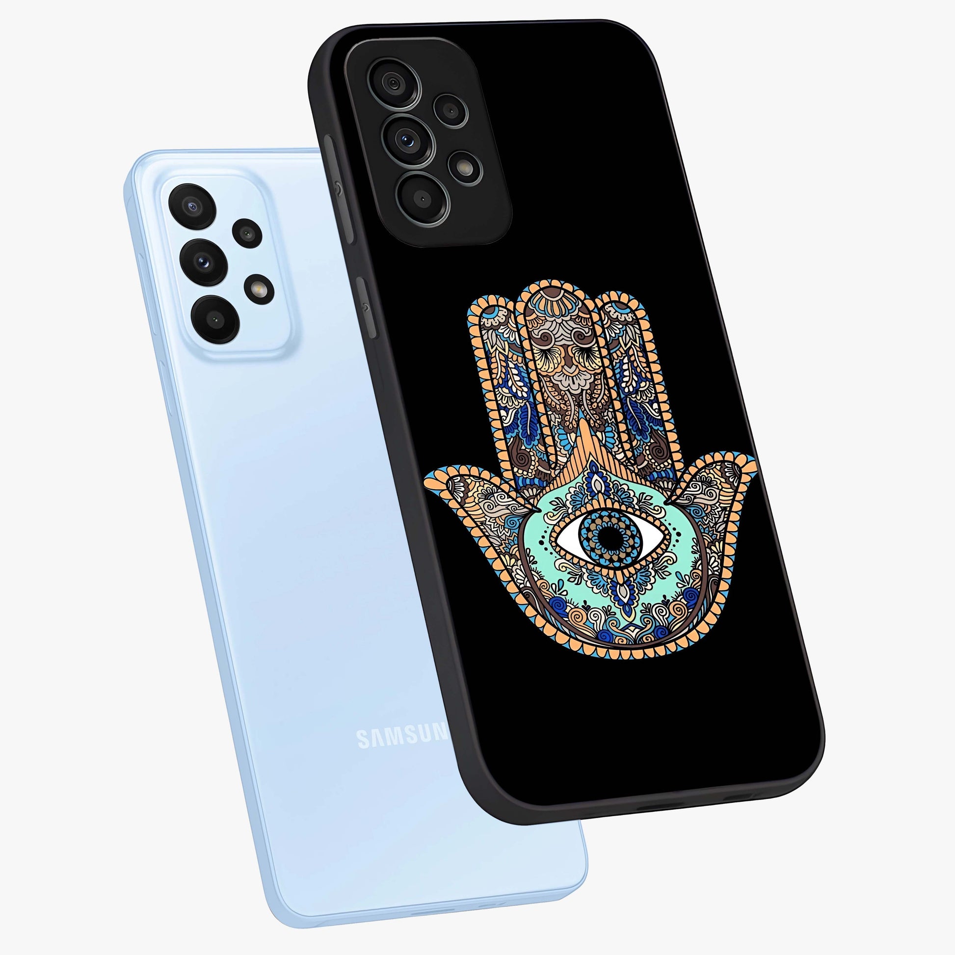 Mystic Hamsa Eye Glass Case displayed in angled mockup highlighting spiritual hamsa symbol with mystical aesthetic style.