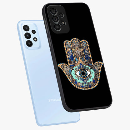 Mystic Hamsa Eye Glass Case displayed in angled mockup highlighting spiritual hamsa symbol with mystical aesthetic style.