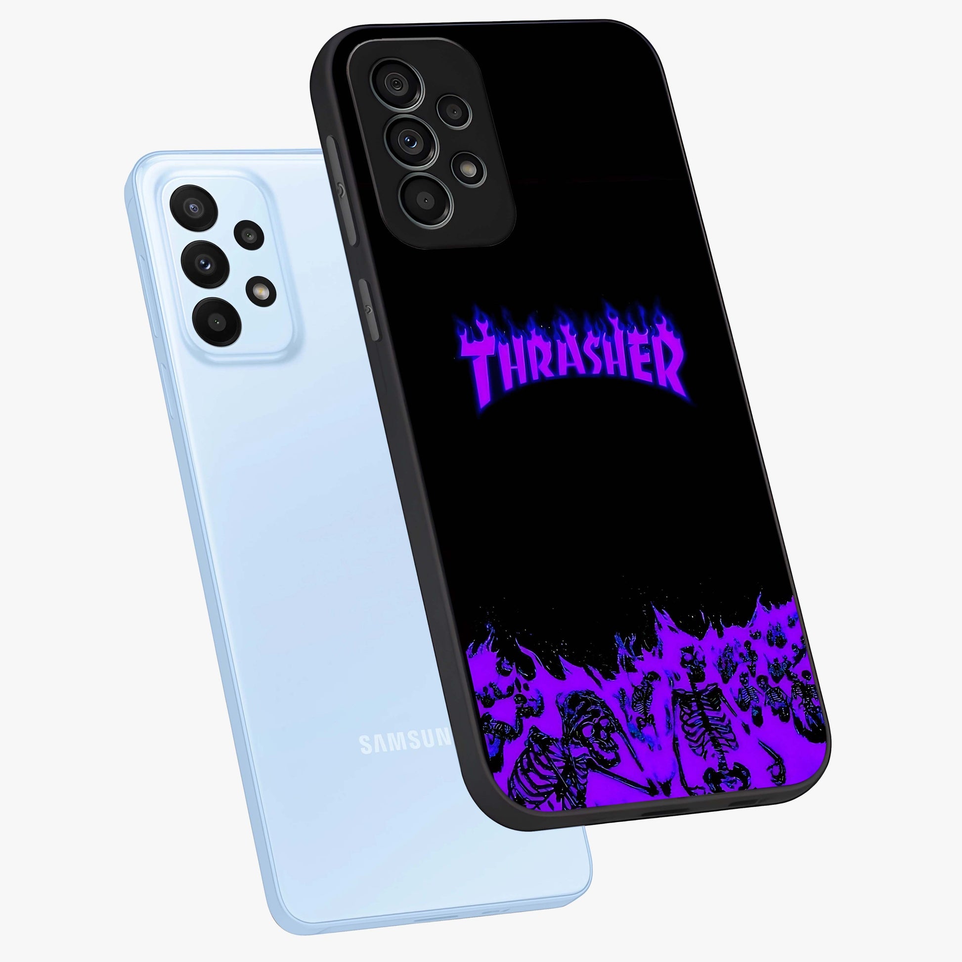 Neon Flame Riot Glass Case displayed in angled mockup highlighting glowing flame design with vibrant neon aesthetic.