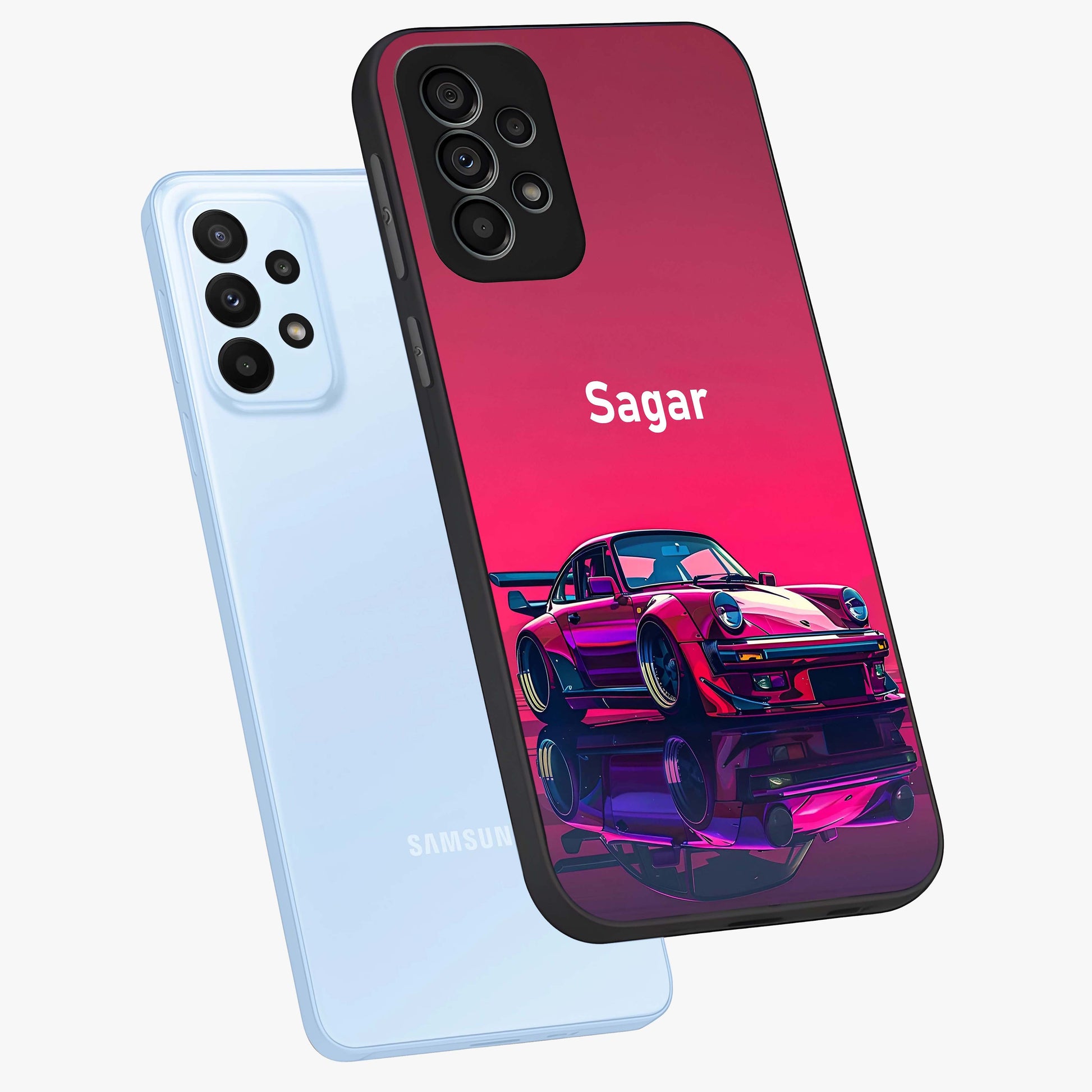 Neon Pink Porsche Glass Case displayed in angled mockup highlighting sleek neon pink car design with racing aesthetic.