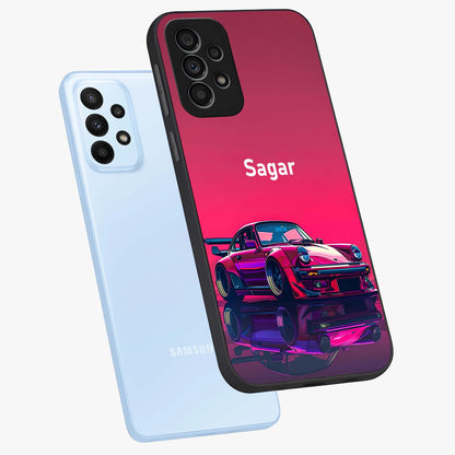 Neon Pink Porsche Glass Case displayed in angled mockup highlighting sleek neon pink car design with racing aesthetic.