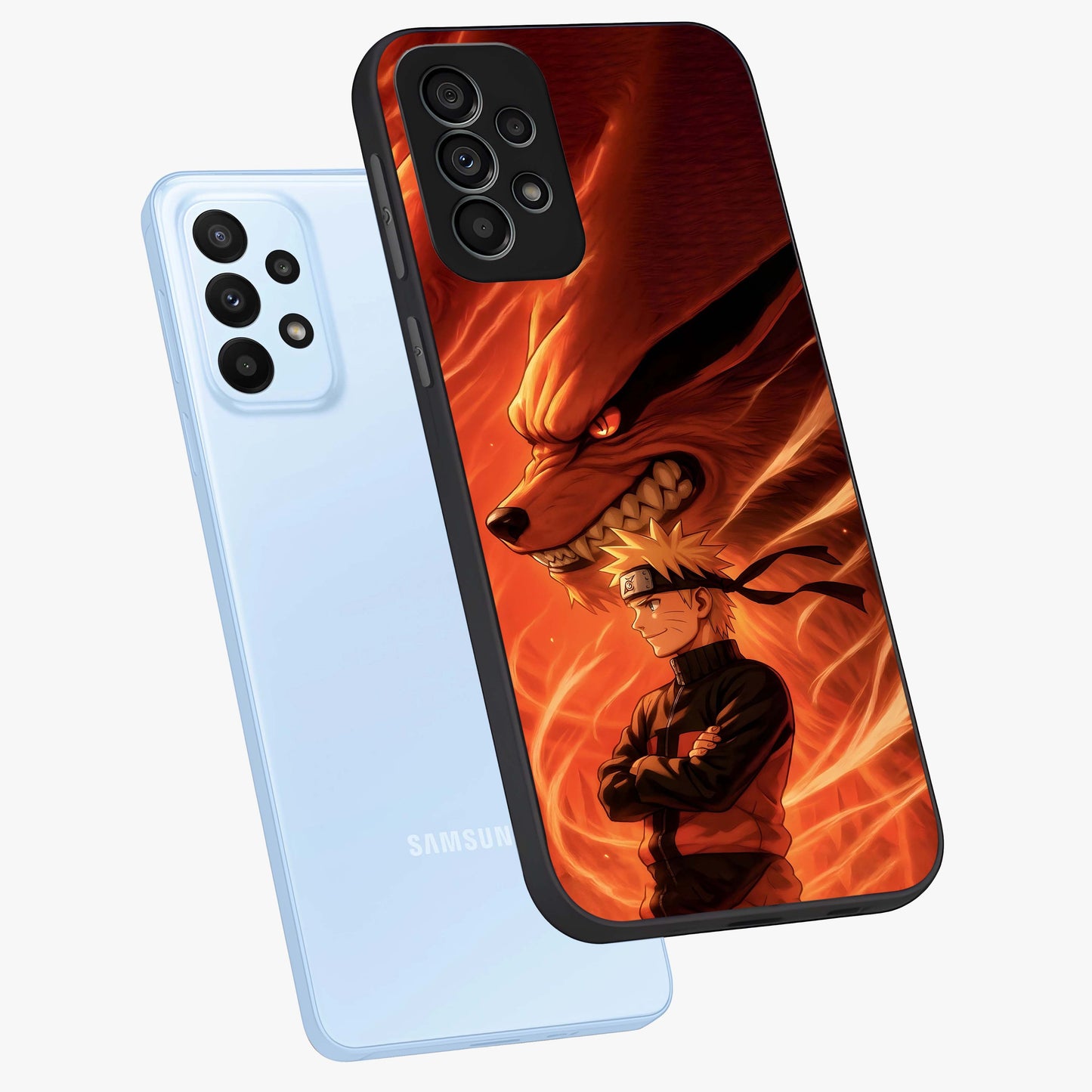 Nine Tails Legacy Glass Case displayed in angled mockup highlighting dynamic anime beast illustration with bold mystical aesthetic.