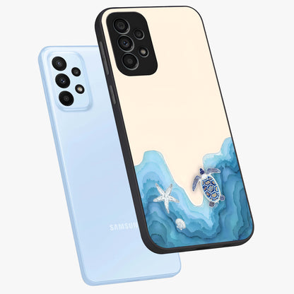 Ocean Drift Turtle Glass Case displayed in angled mockup highlighting peaceful ocean turtle illustration with marine aesthetic.