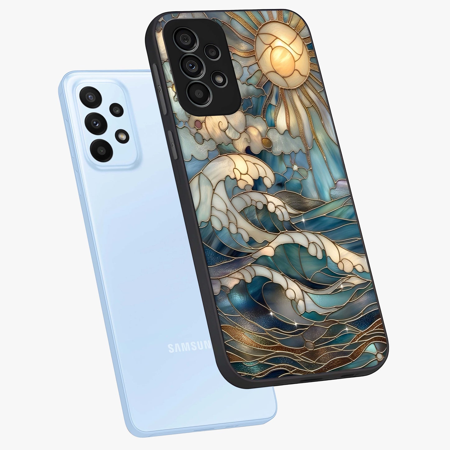 Oceanic Stained Printed Glass Case displayed in angled mockup highlighting colorful aquatic design with artistic aesthetic style.
