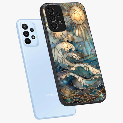 Oceanic Stained Printed Glass Case displayed in angled mockup highlighting colorful aquatic design with artistic aesthetic style.