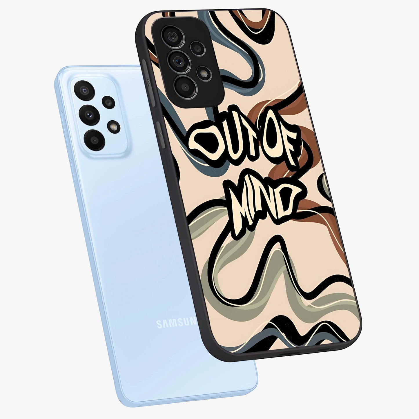 Out Of Mind Glass Case displayed in angled mockup highlighting bold statement design with modern artistic aesthetic.
