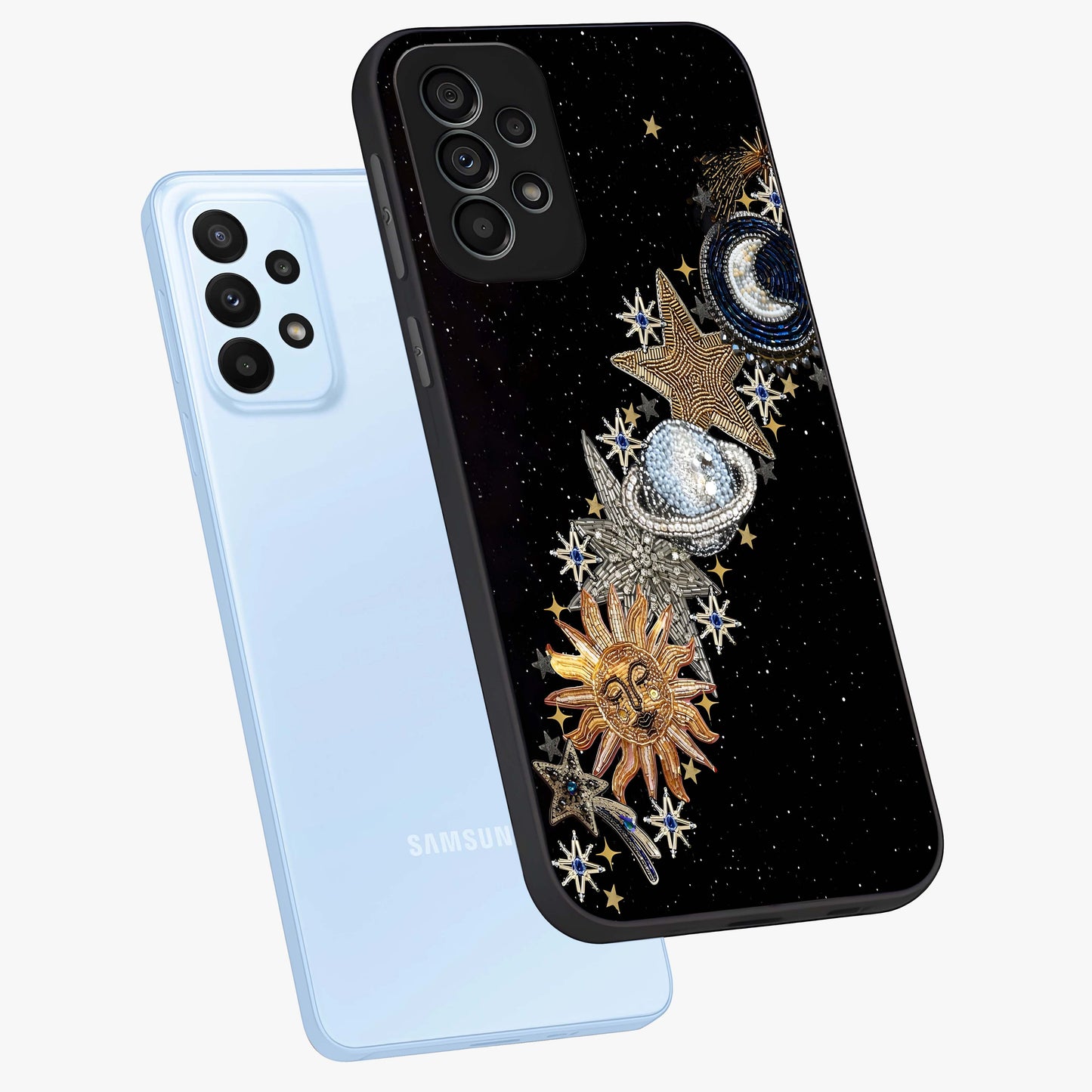 Pearls Universe Object Glass Case displayed in angled mockup highlighting celestial pearl design with dreamy aesthetic.