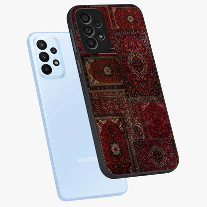 Persian Velvet Tale Glass Case displayed in angled mockup highlighting ornate textile inspired design with royal aesthetic.