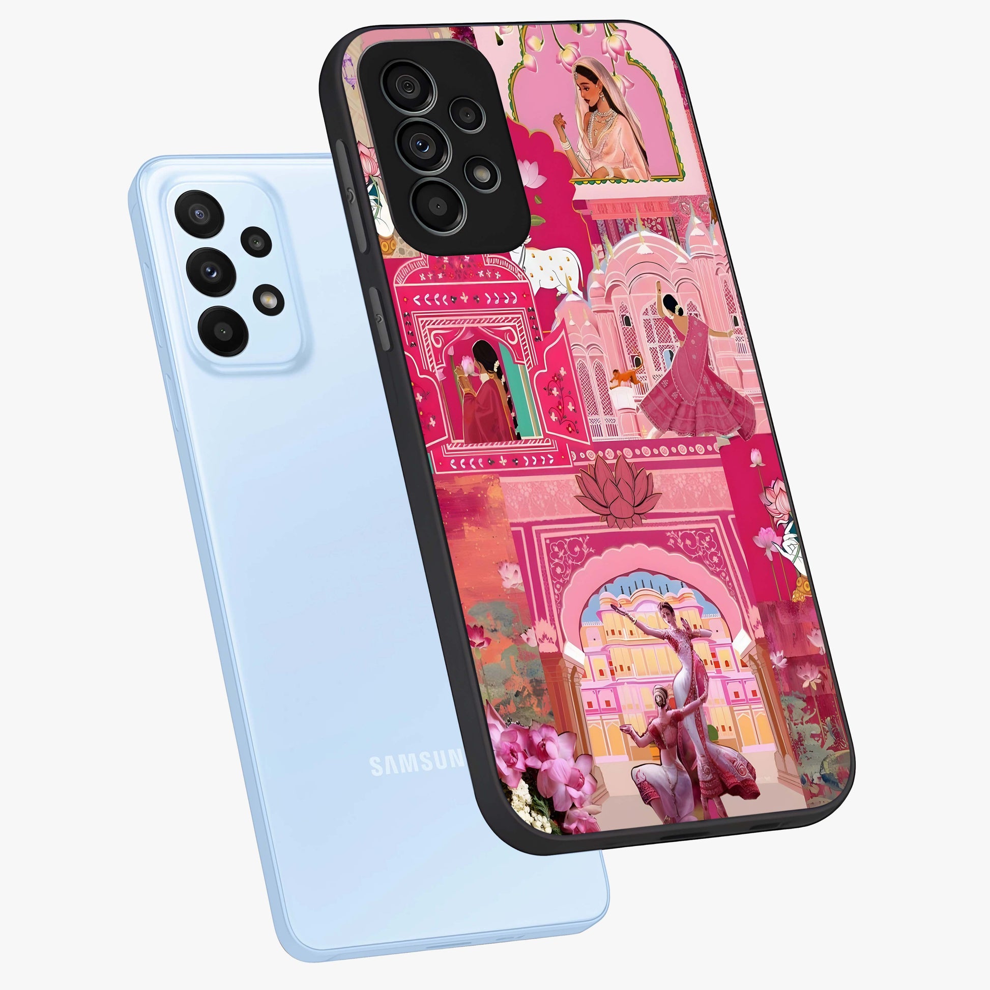 Pink Palace Muse Glass Case displayed in angled mockup highlighting dreamy palace illustration with soft pink aesthetic.
