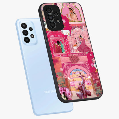 Pink Palace Muse Glass Case displayed in angled mockup highlighting dreamy palace illustration with soft pink aesthetic.
