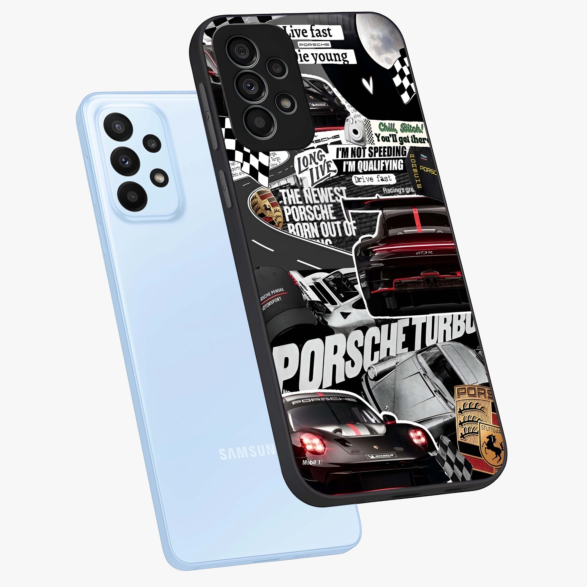 Porsche Racing Collage Glass Case displayed in angled mockup highlighting dynamic automotive design with bold racing aesthetic.