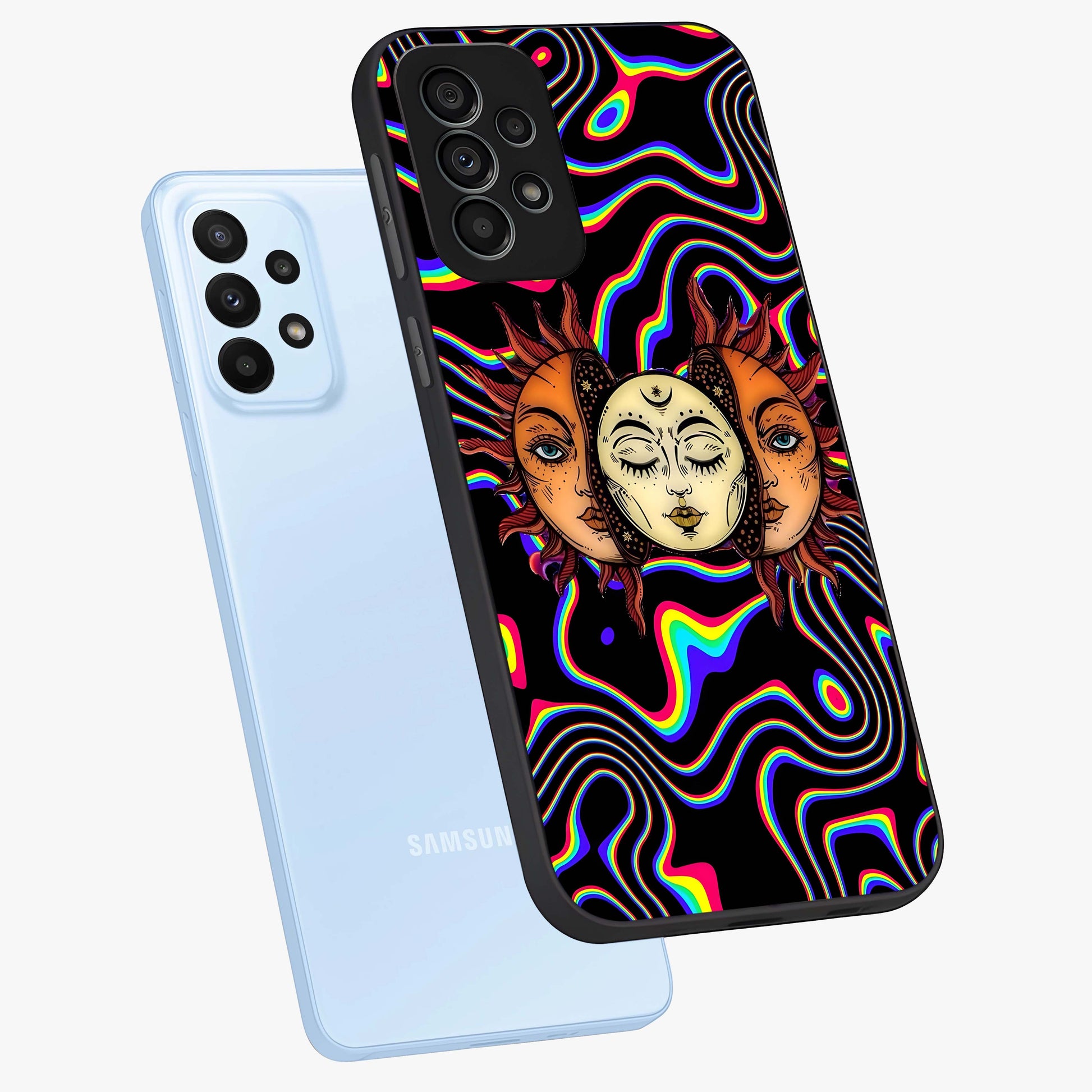 Psychedelic Sun Glass Case displayed in angled mockup highlighting vibrant abstract sun design with artistic aesthetic style.