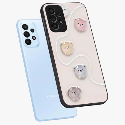 Puffy Face Parade Glass Case displayed in angled mockup highlighting playful cartoon face design with fun aesthetic.