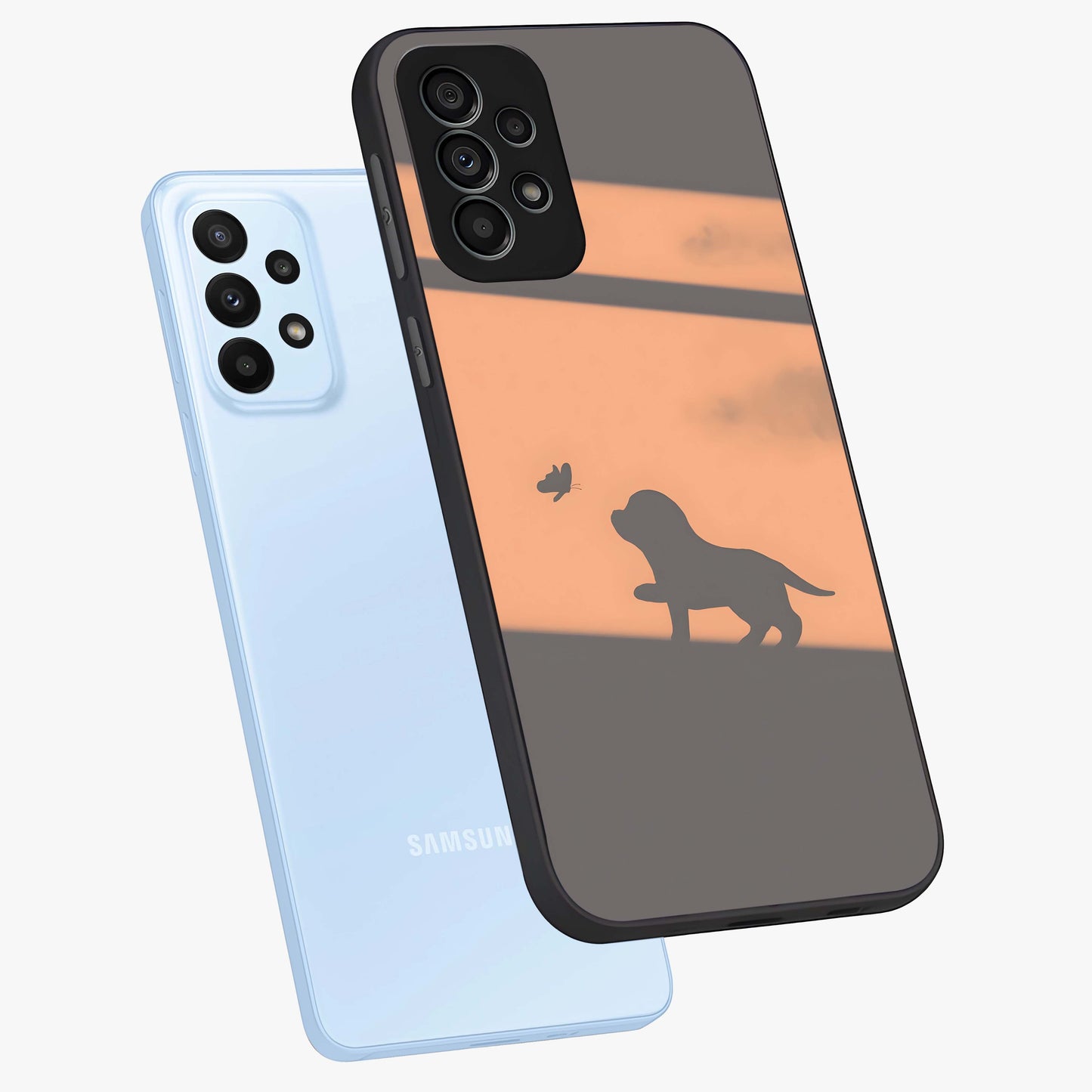 Puppy Shadow Art Glass Case displayed in angled mockup highlighting playful dog illustration with artistic shadow aesthetic.