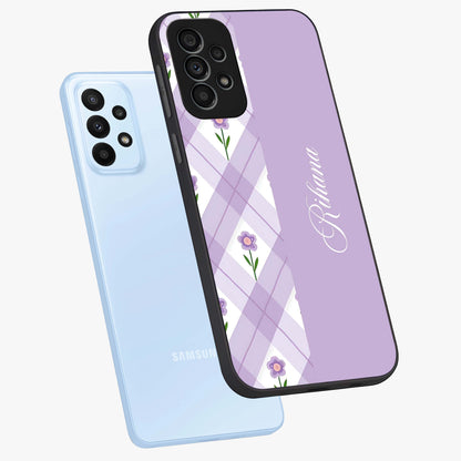 Purple Diamond Floral Glass Case displayed in angled mockup highlighting elegant purple flower design with decorative pattern.