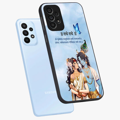 Radha Krishna Eternal Glass Case displayed in angled mockup highlighting divine Radha Krishna illustration with spiritual aesthetic.