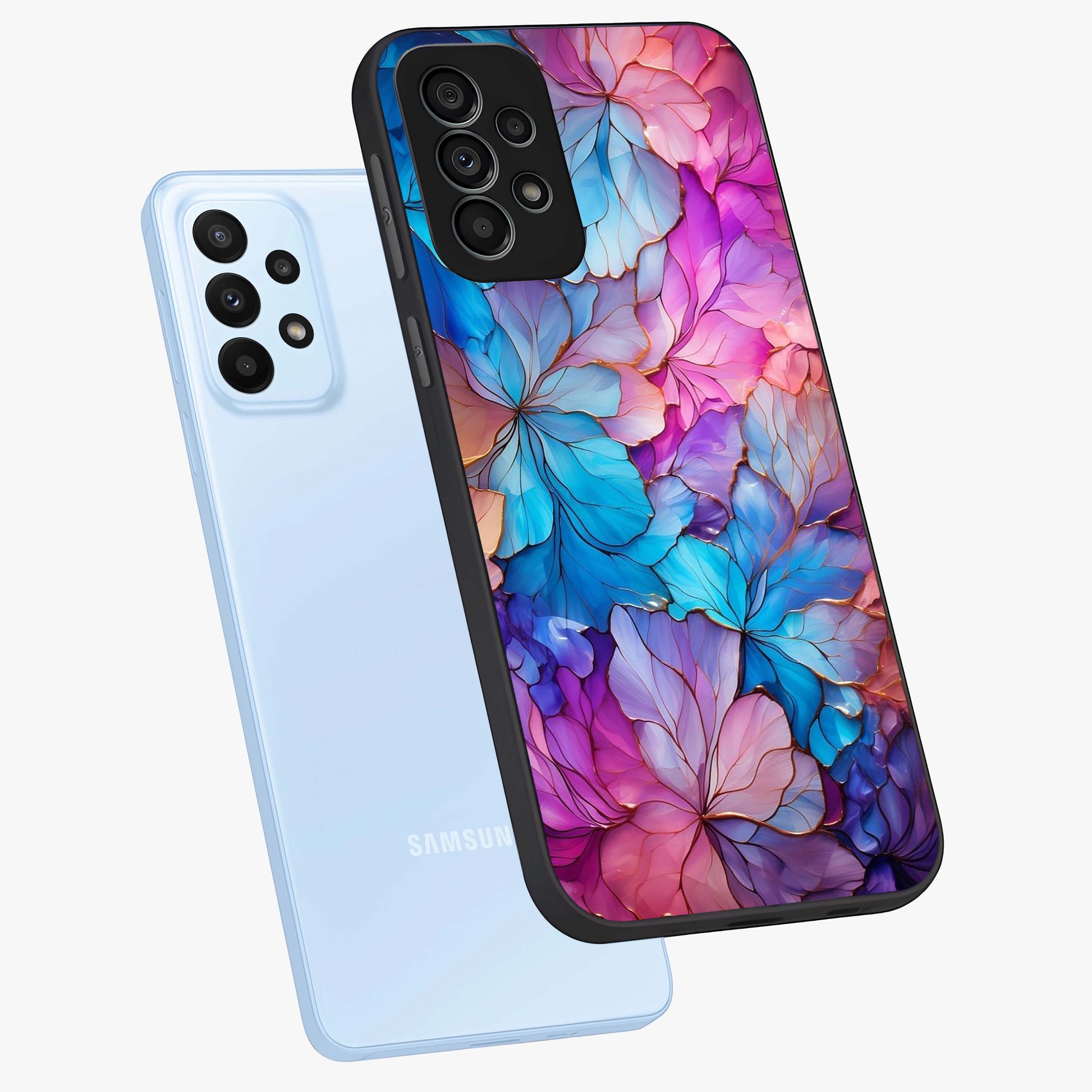 Radiant Floral Whirl Glass Case displayed in angled mockup highlighting vibrant flower pattern with dynamic artistic aesthetic.