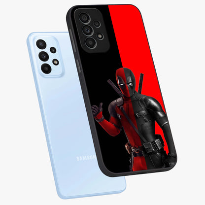 Red & Black Deadpool Theme Glass Case displayed in angled mockup highlighting vibrant superhero style illustration with action aesthetic.