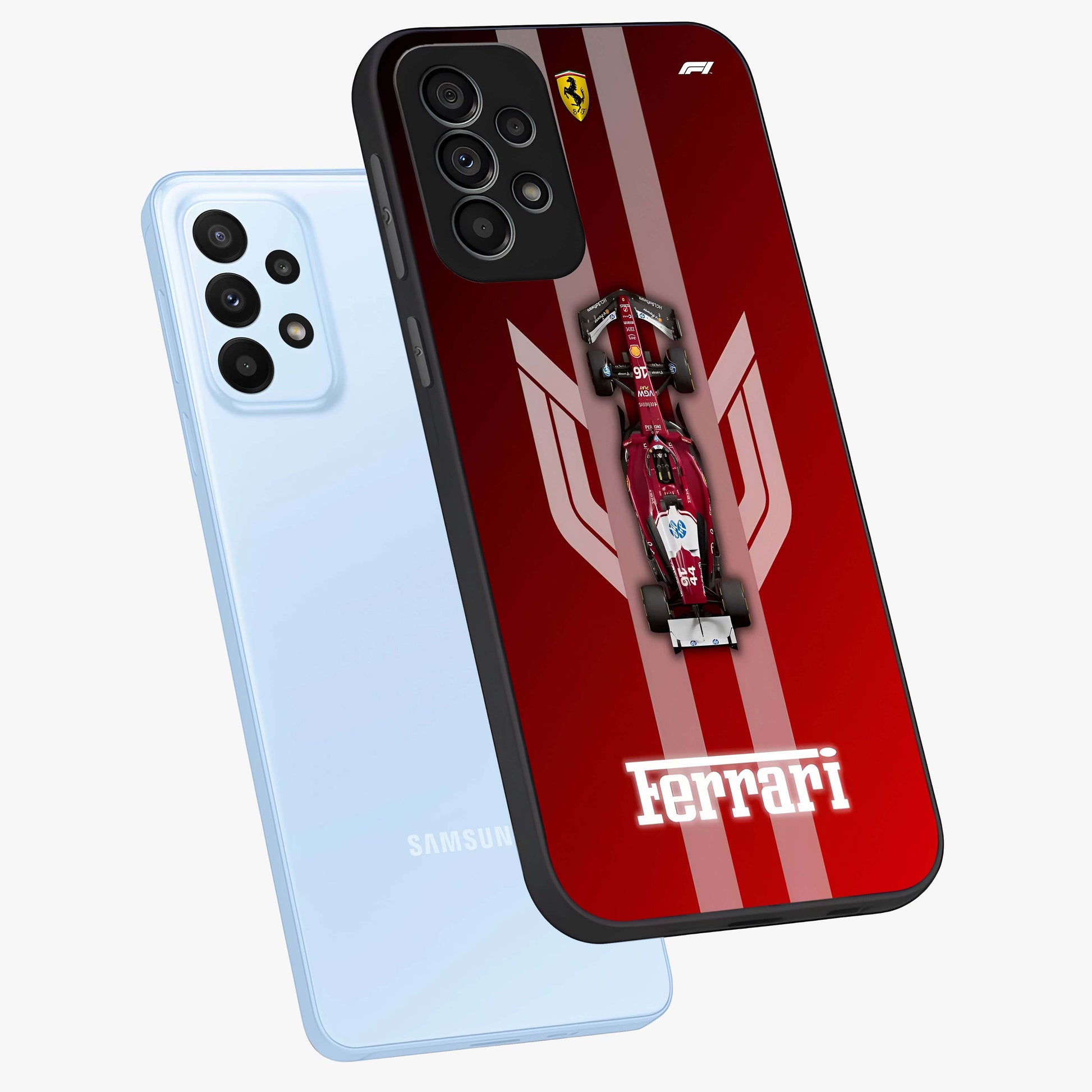 Red Ferrari F1 Vertical Glass Case displayed in angled mockup highlighting high speed racing design with bold automotive aesthetic.