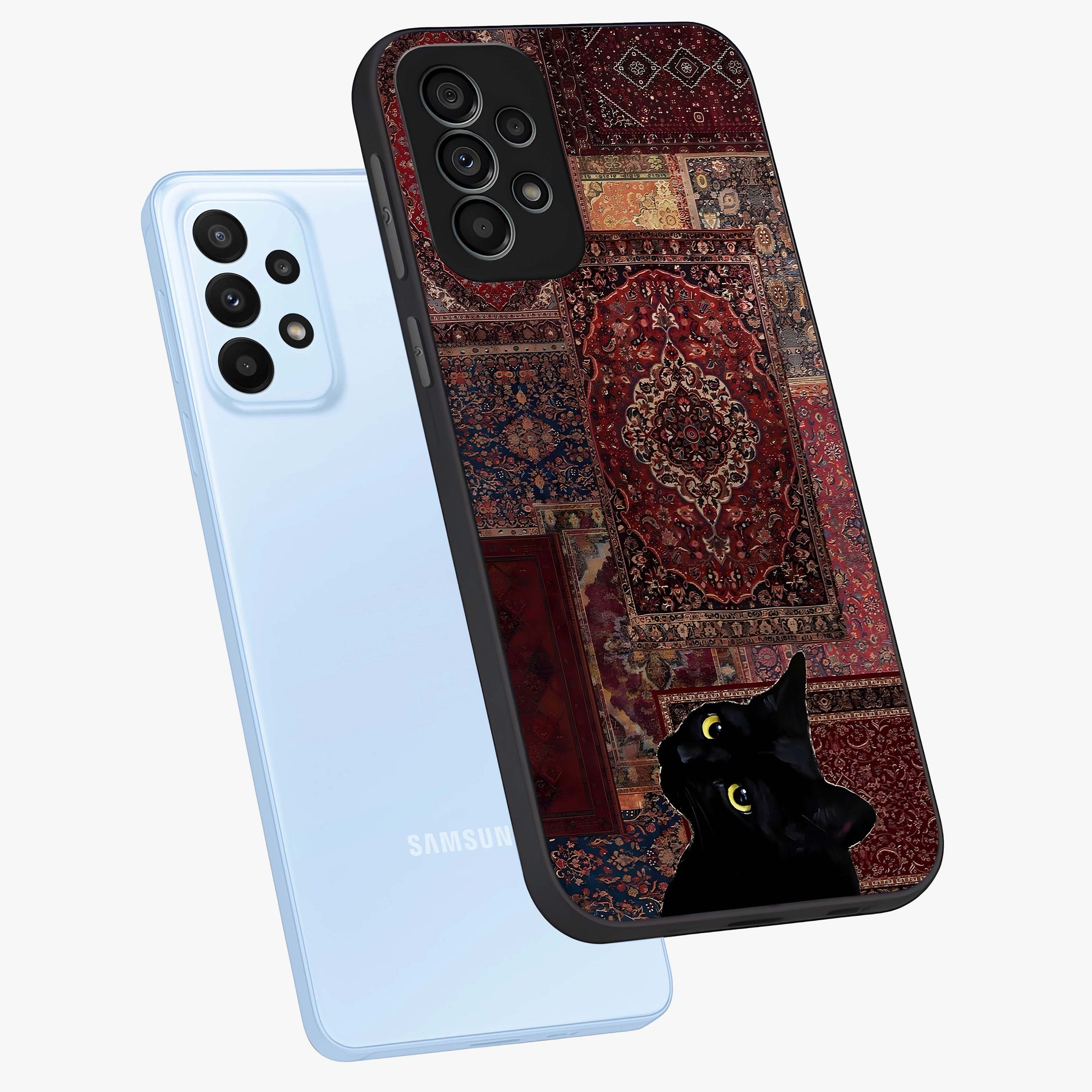 Regal Magic Cat Apple Glass Case displayed in angled mockup highlighting whimsical feline design with fantasy aesthetic.