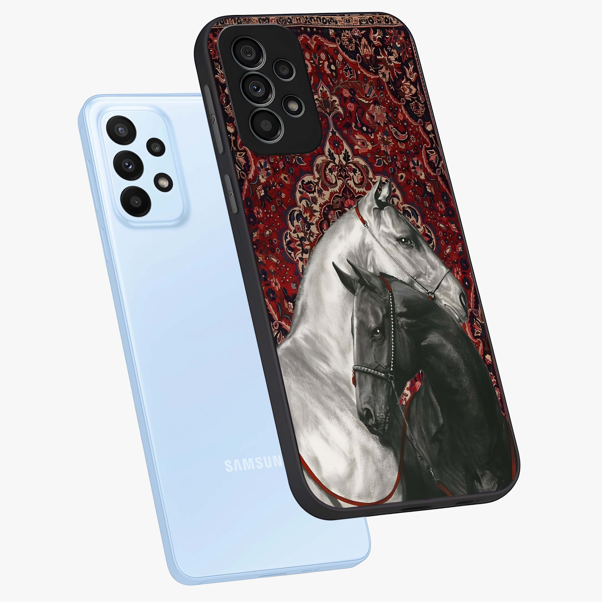 Regal Stallion Tapestry Glass Case displayed in angled mockup highlighting royal stallion design with decorative heritage aesthetic.