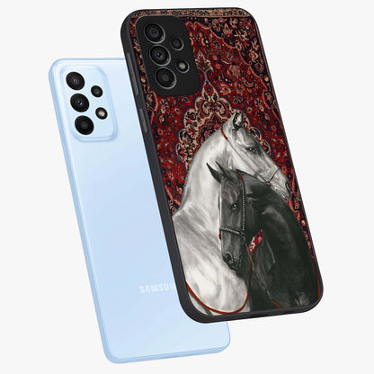Regal Stallion Tapestry Glass Case displayed in angled mockup highlighting royal stallion design with decorative heritage aesthetic.