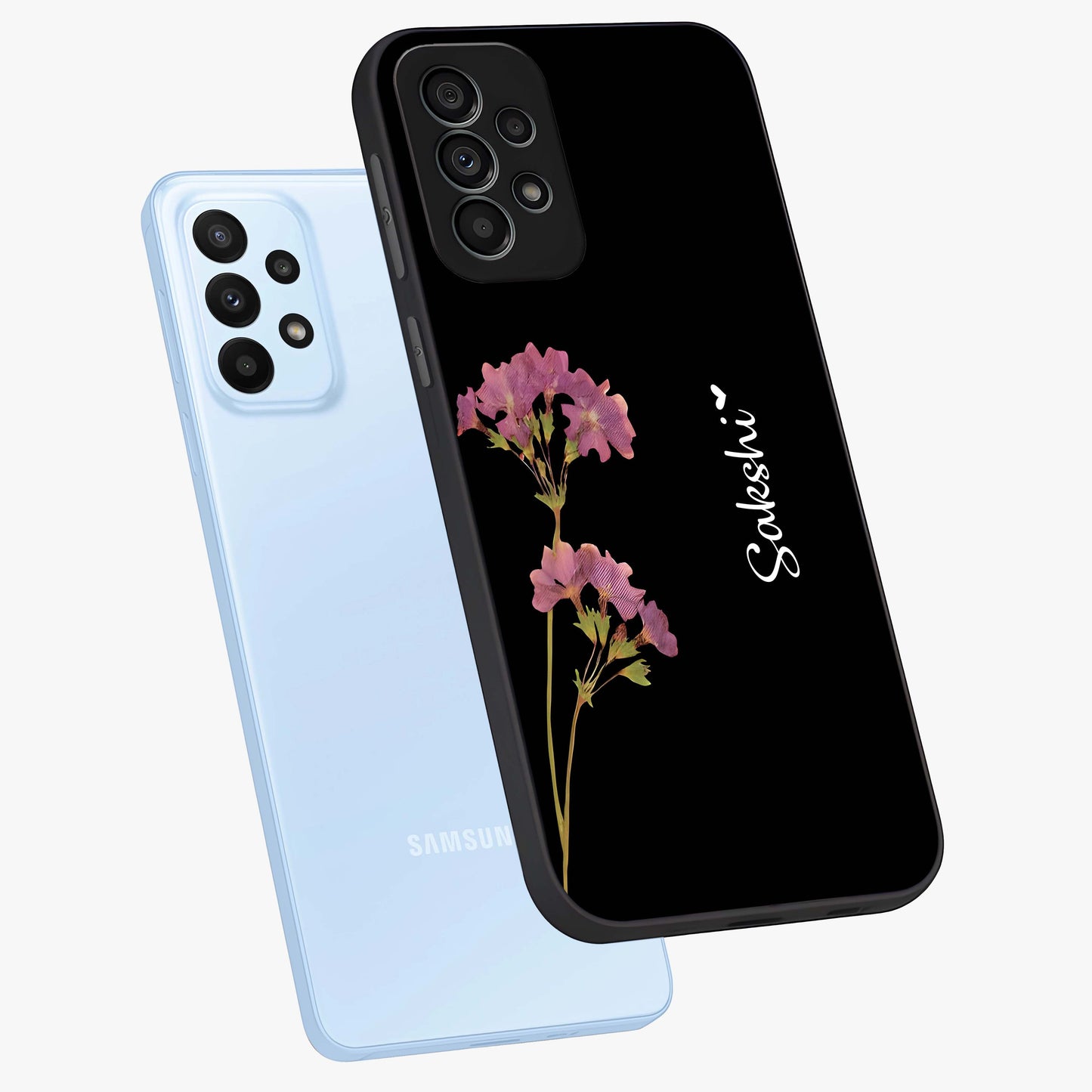 Riching Lavender Flower Custom Name Glass Case displayed in angled mockup highlighting delicate lavender flower design with custom name feature.