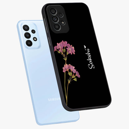 Riching Lavender Flower Custom Name Glass Case displayed in angled mockup highlighting delicate lavender flower design with custom name feature.