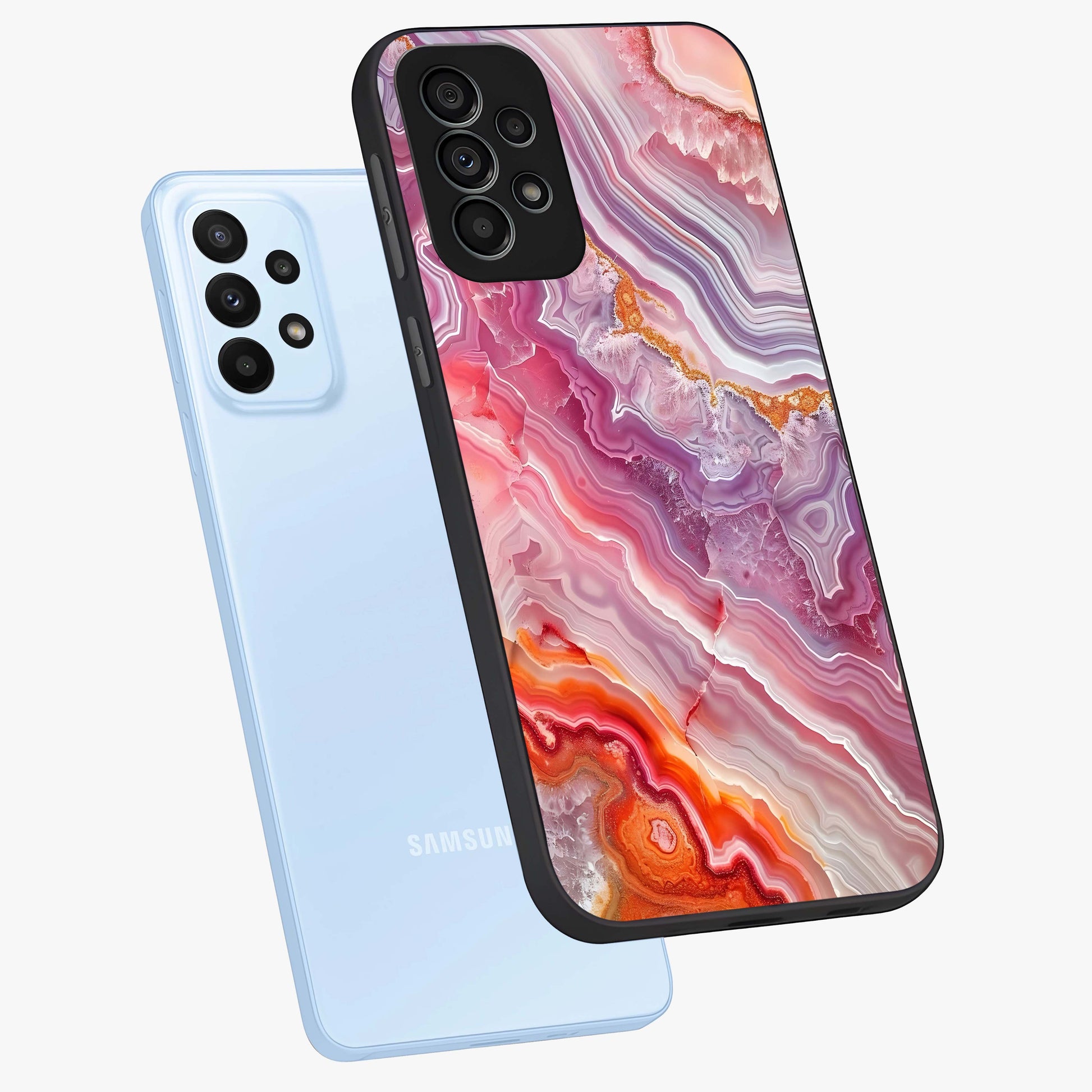 Rose Quartz Marble Glass Case displayed in angled mockup highlighting elegant marble pattern with soft aesthetic style.