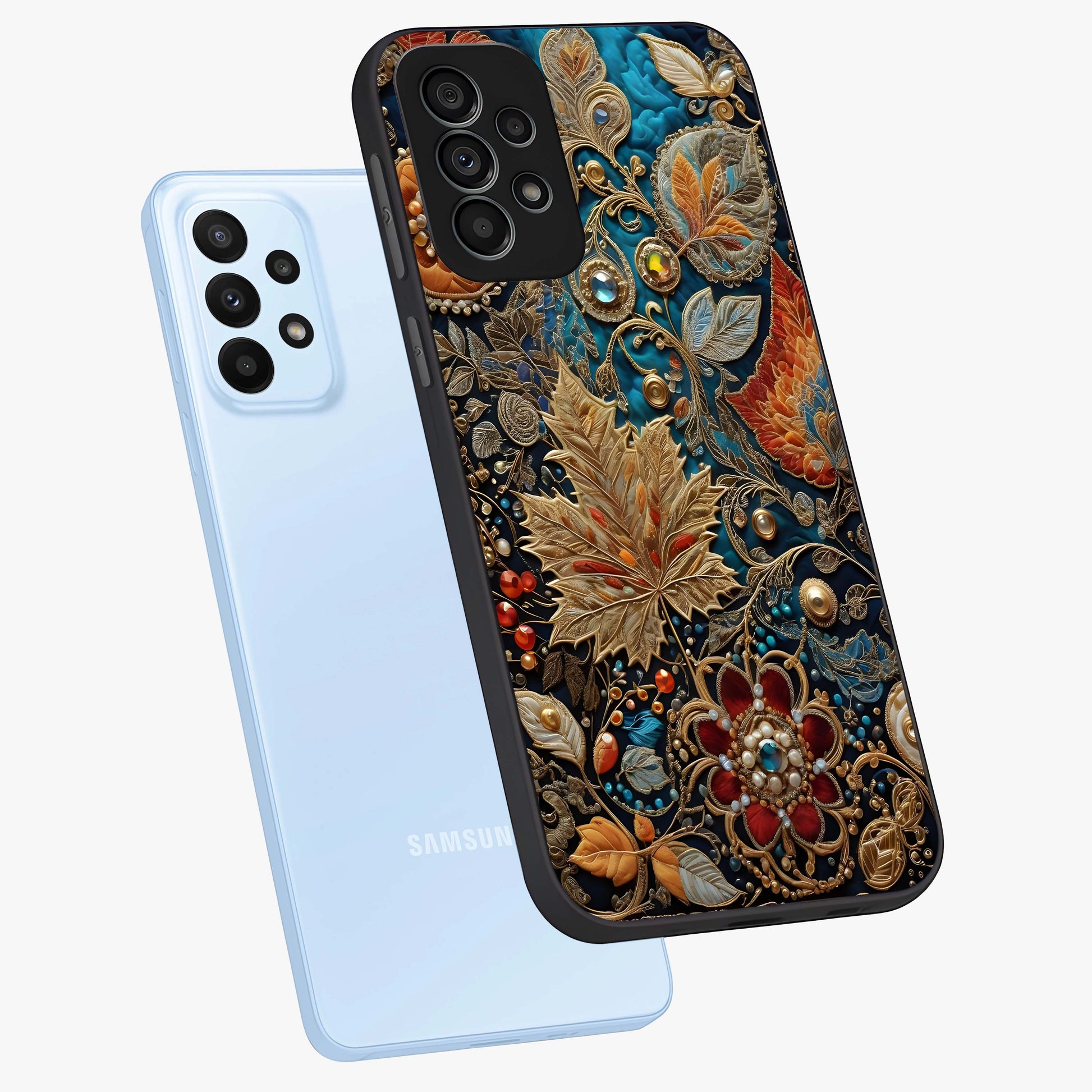 Royal Jewel Garden Glass Case displayed in angled mockup highlighting vibrant jewel inspired floral design with elegant aesthetic.