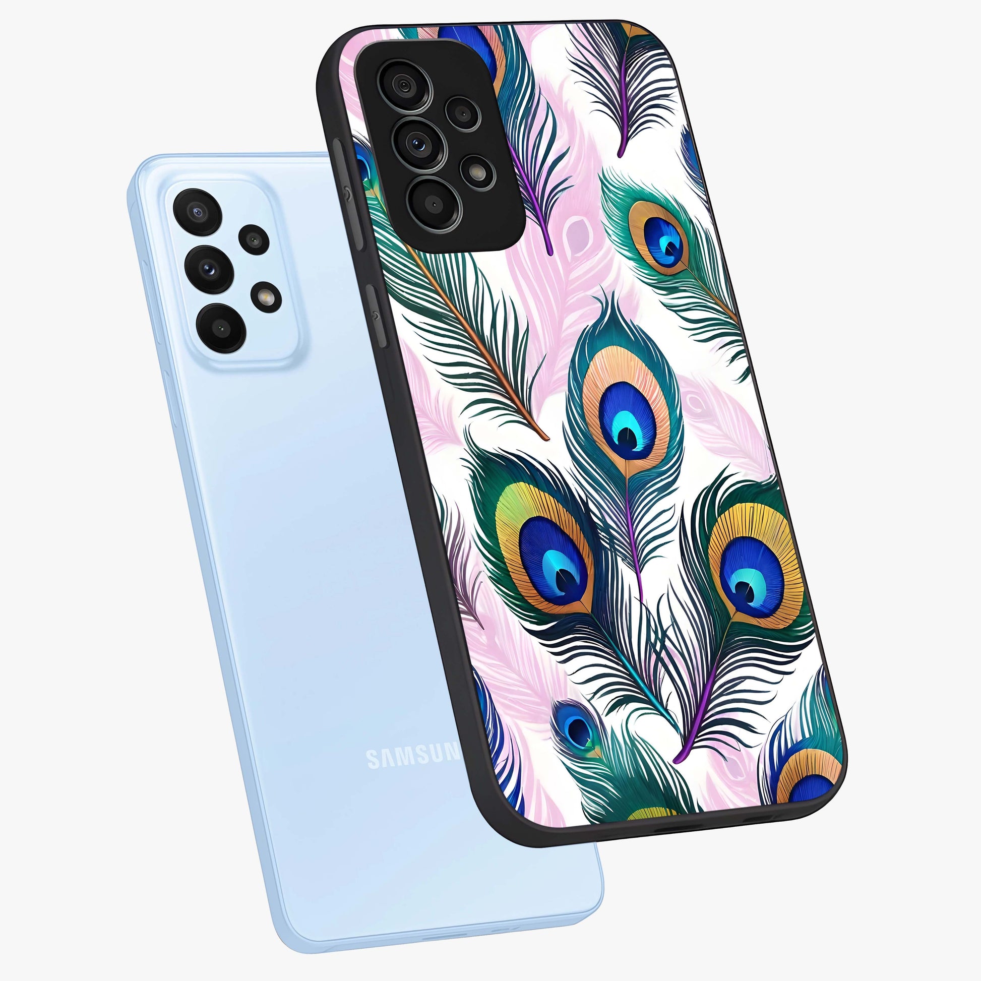 Royal Peacock Feathers Glass Case displayed in angled mockup highlighting vibrant feather pattern with regal aesthetic style.