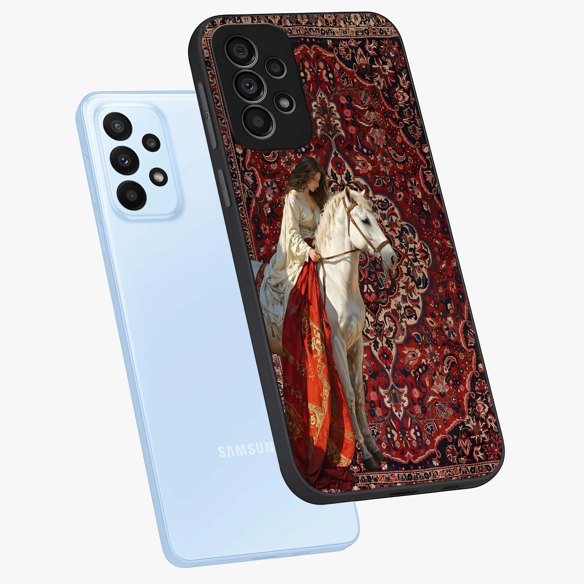 Royal Rider Tapestry Glass Case displayed in angled mockup highlighting traditional tapestry design with royal heritage aesthetic.