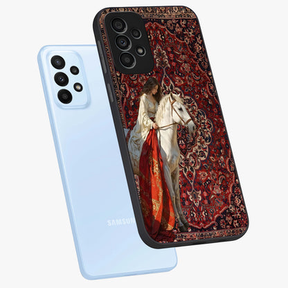 Royal Rider Tapestry Glass Case displayed in angled mockup highlighting traditional tapestry design with royal heritage aesthetic.