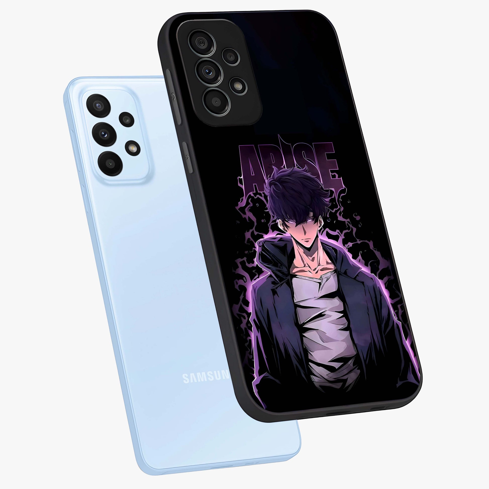 Shadow Monarch Awakening Glass Case displayed in angled mockup highlighting dramatic shadow warrior design with fantasy aesthetic.