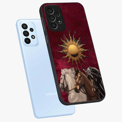 Solar Riders Glass Case displayed in angled mockup highlighting powerful rider illustration with radiant solar aesthetic.