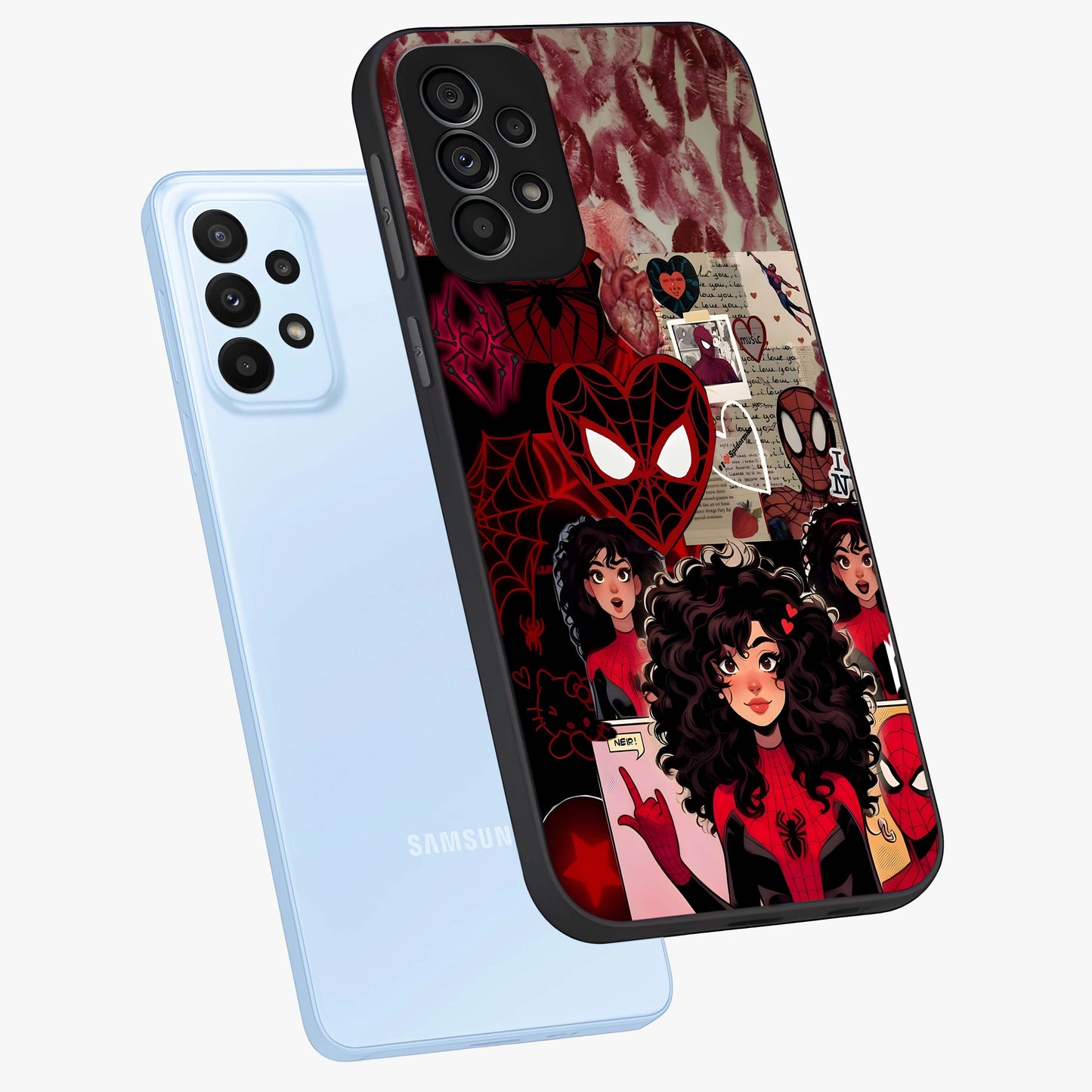 Spider Love Story Glass Case displayed in angled mockup highlighting expressive comic inspired design with playful aesthetic.