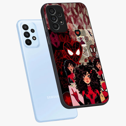 Spider Love Story Glass Case displayed in angled mockup highlighting expressive comic inspired design with playful aesthetic.