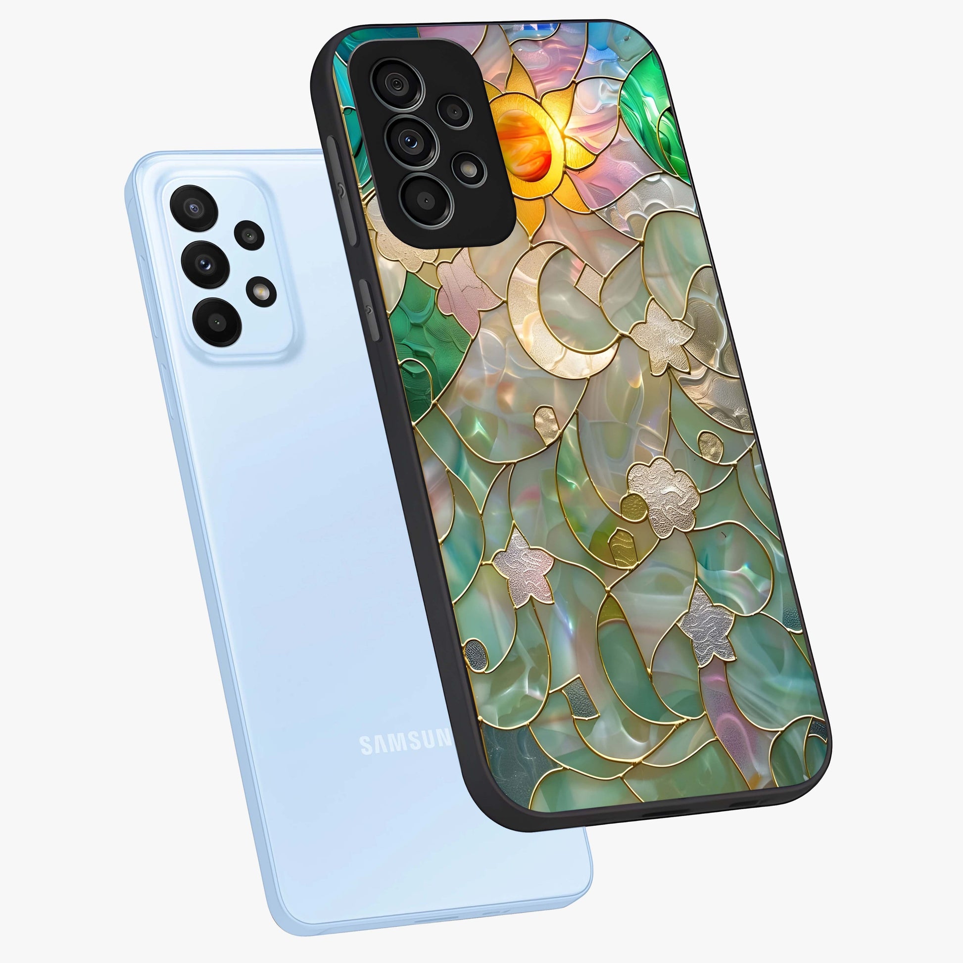 Stained Sunrise Glow Glass Case displayed in angled mockup highlighting radiant sunrise design with artistic aesthetic style.