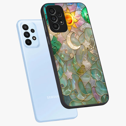 Stained Sunrise Glow Glass Case displayed in angled mockup highlighting radiant sunrise design with artistic aesthetic style.