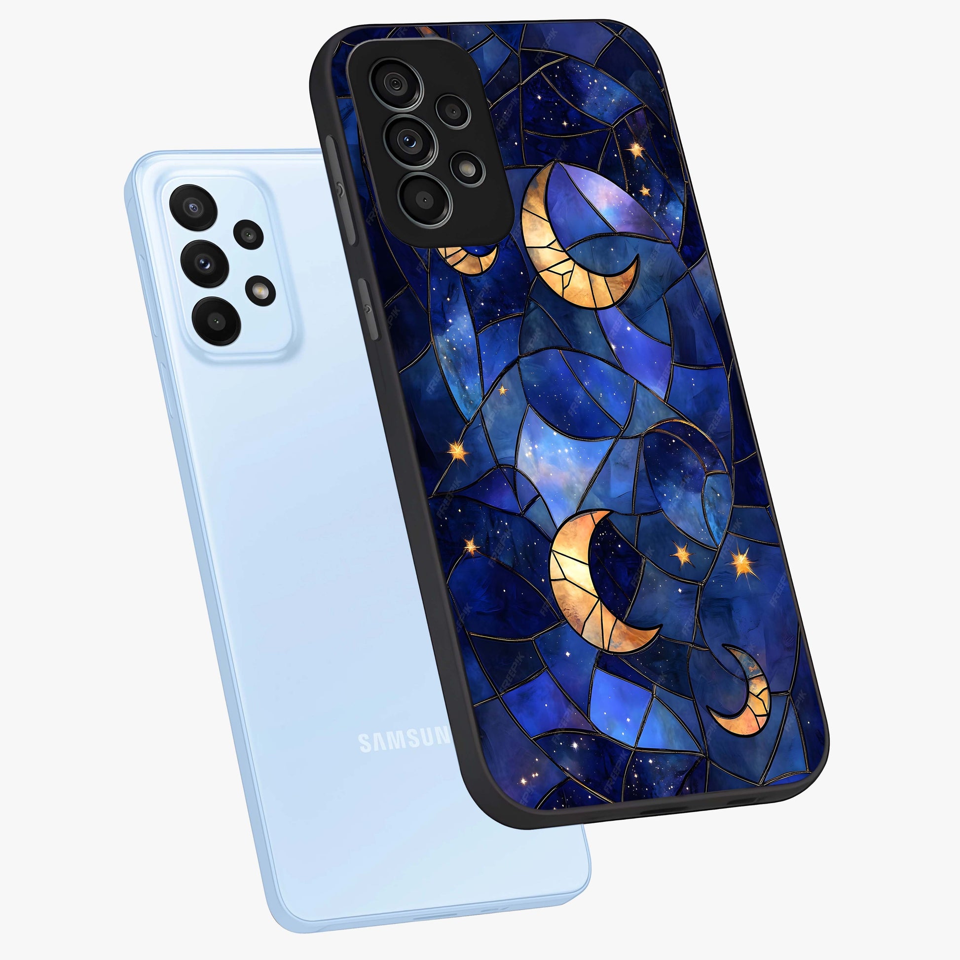 Starlit Sky Tapestry Glass Case displayed in angled mockup highlighting celestial night pattern with artistic aesthetic style.