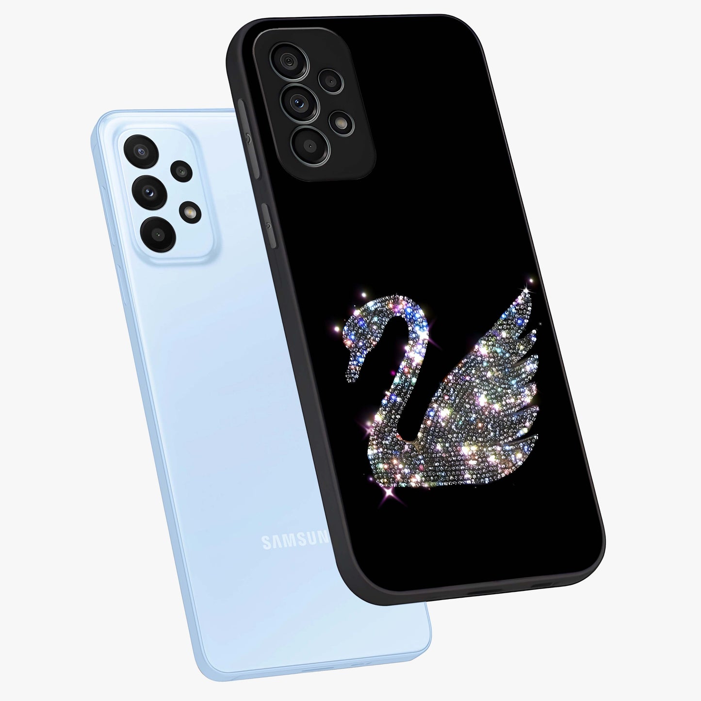 Starlit Swan Grace Glass Case displayed in angled mockup highlighting elegant swan illustration with dreamy celestial aesthetic.