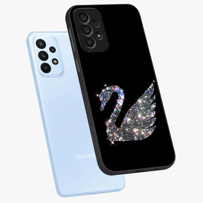 Starlit Swan Grace Glass Case displayed in angled mockup highlighting elegant swan illustration with dreamy celestial aesthetic.