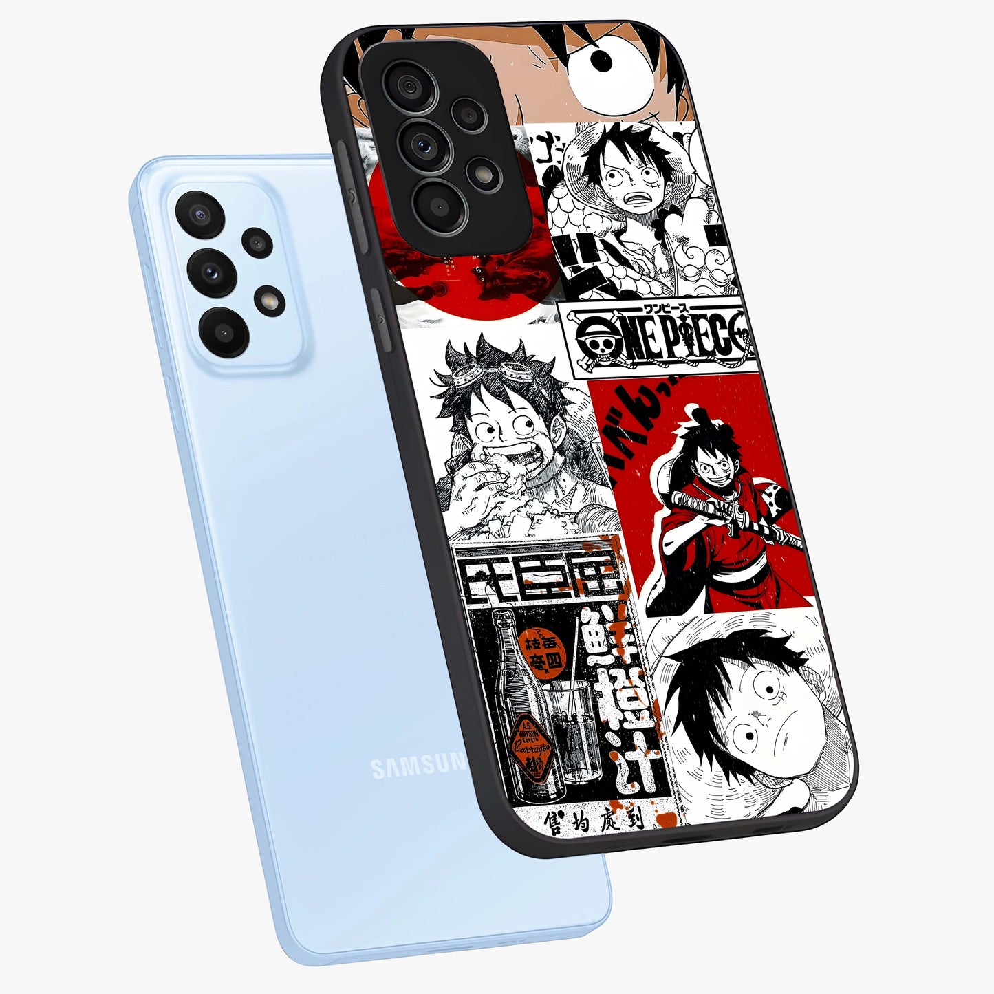 Strawhat Chaos Panels Glass Case displayed in angled mockup highlighting vibrant anime collage design with action aesthetic.